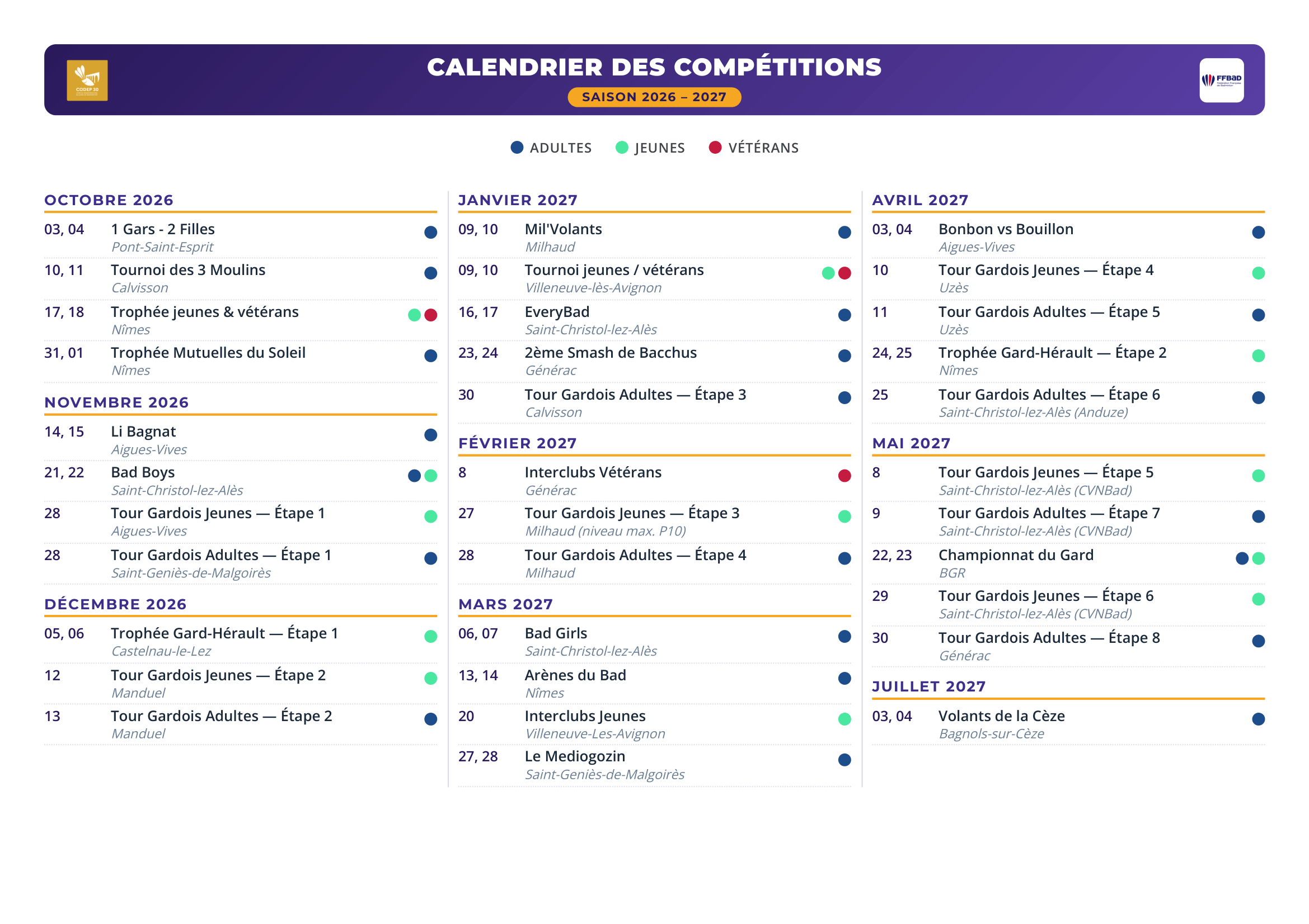 Calendrier des Compétitions 2026 2027 1